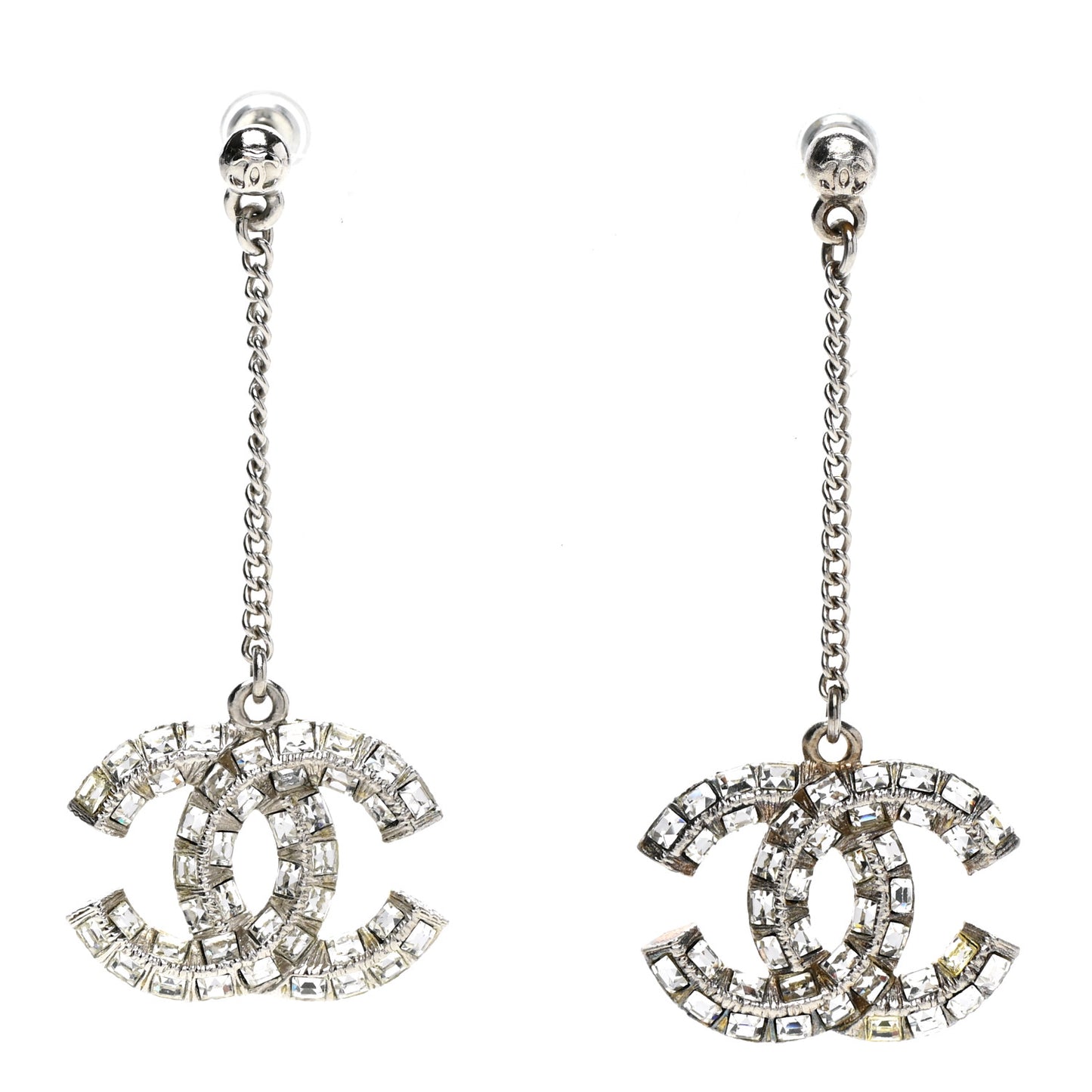 Baguette Crystal CC Drop Earrings Silver