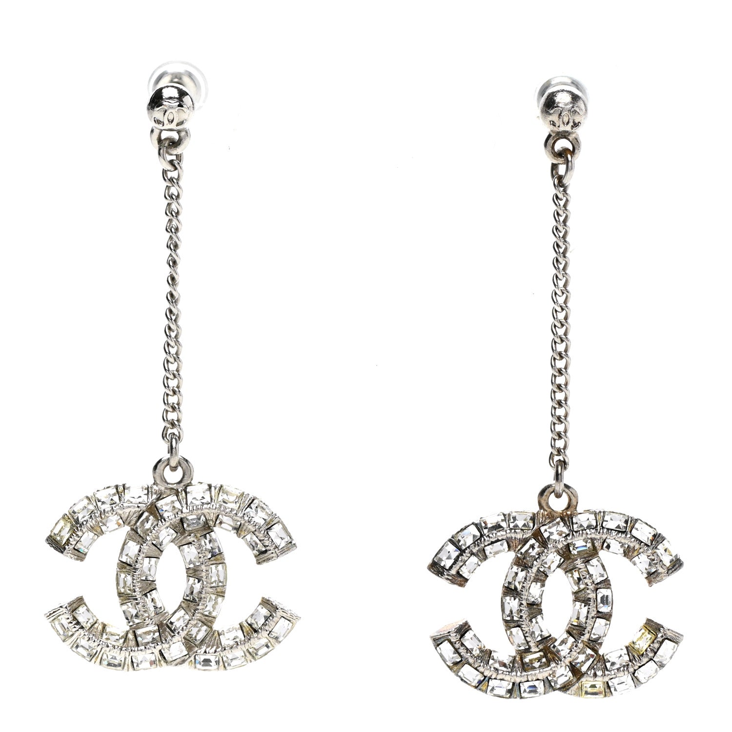 Chanel Baguette Crystal CC Drop Earrings Silver 1 of 4
