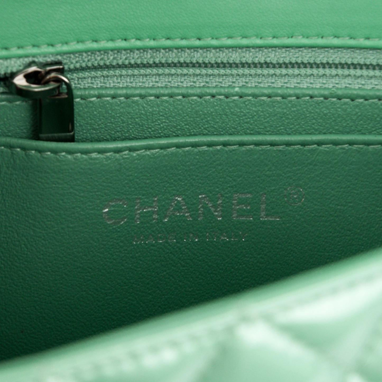 Patent Calfskin Quilted Mini Rectangular Flap Green
