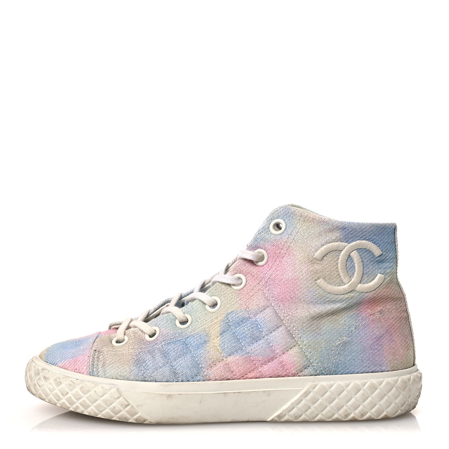 Chanel Printed Fabric High Top CC Sneakers 39 Green Pink Blue White 1 of 13
