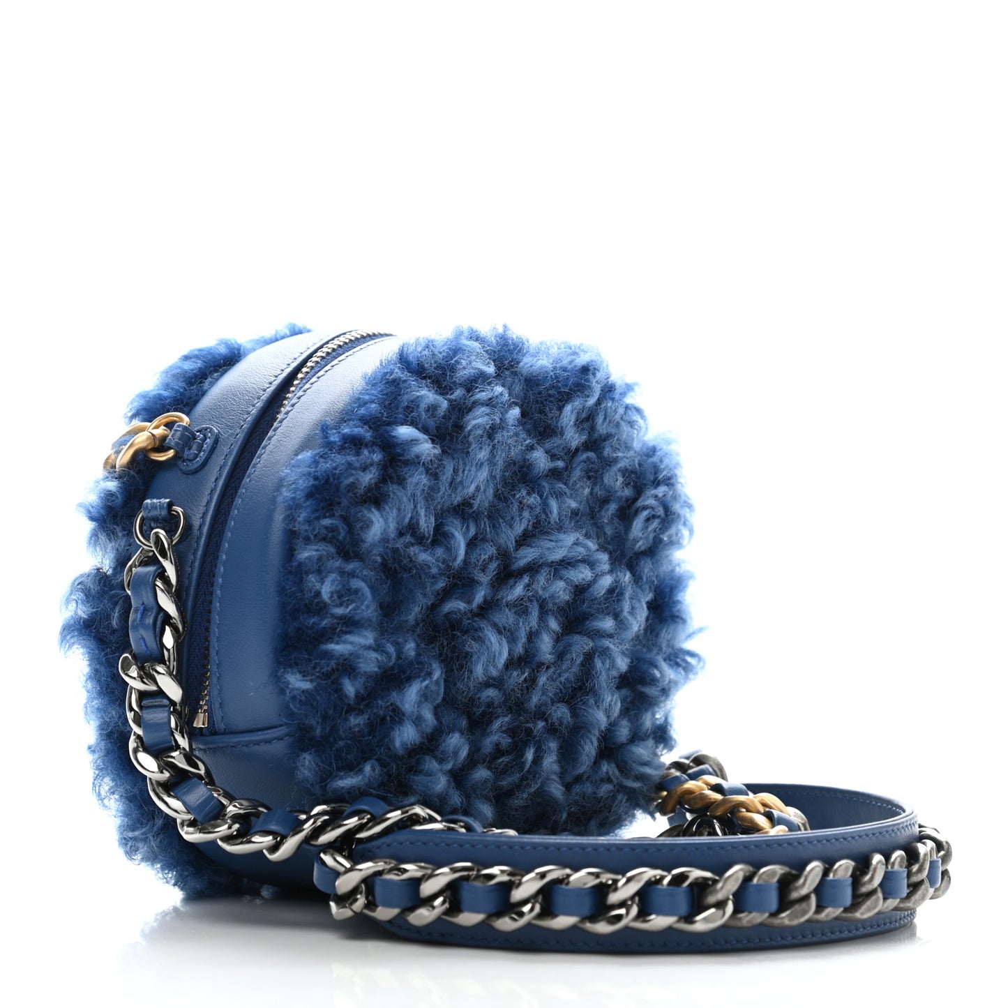 Shearling Sheepskin Chanel 19 Round Clutch With Chain Blue