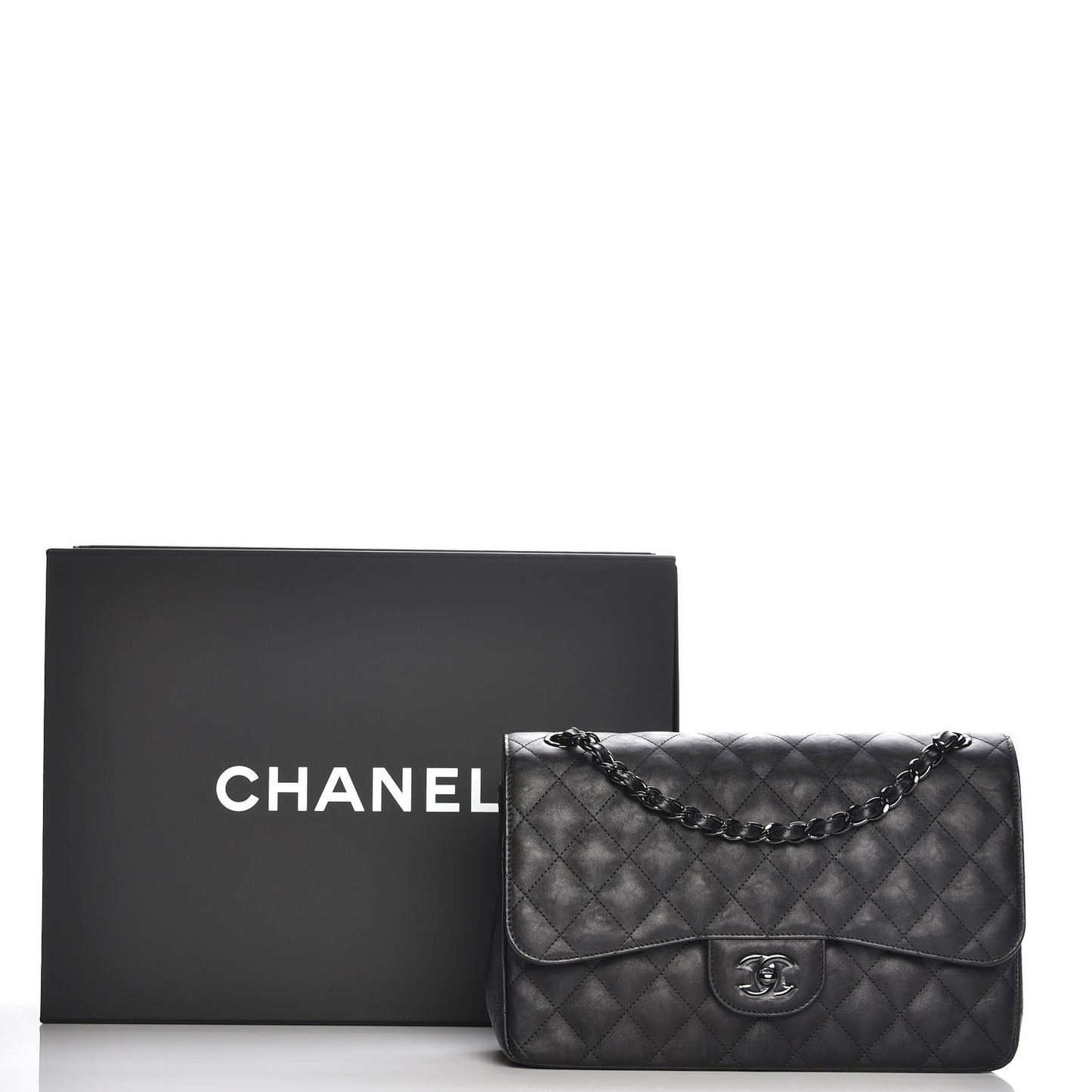 Crumpled Calfskin Quilted Jumbo Double Flap So Black