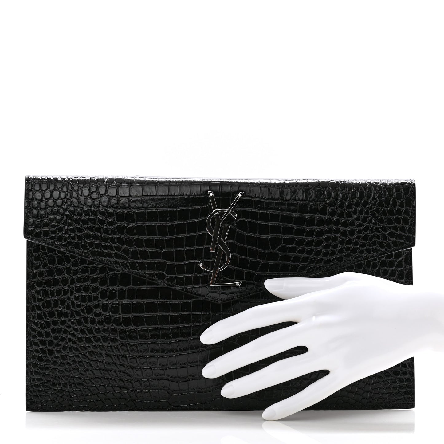 Calfskin Crocodile Embossed Uptown Monogram Clutch Black