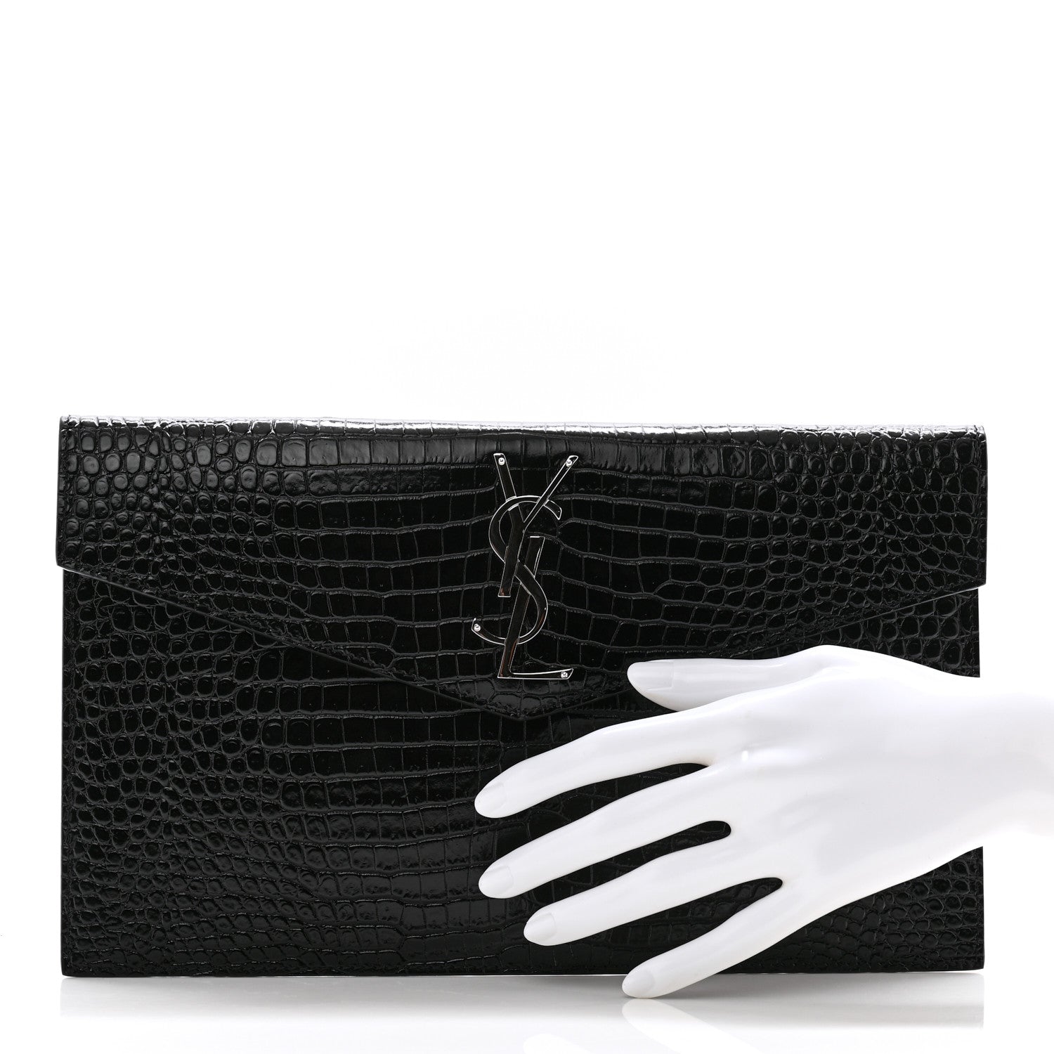 Saint Laurent Calfskin Crocodile Embossed Uptown Monogram Clutch Black 2 of 7