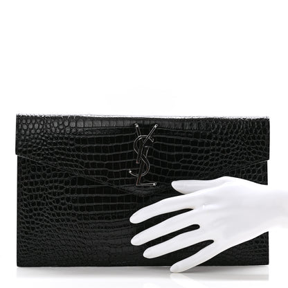 Saint Laurent Calfskin Crocodile Embossed Uptown Monogram Clutch Black 2 of 7