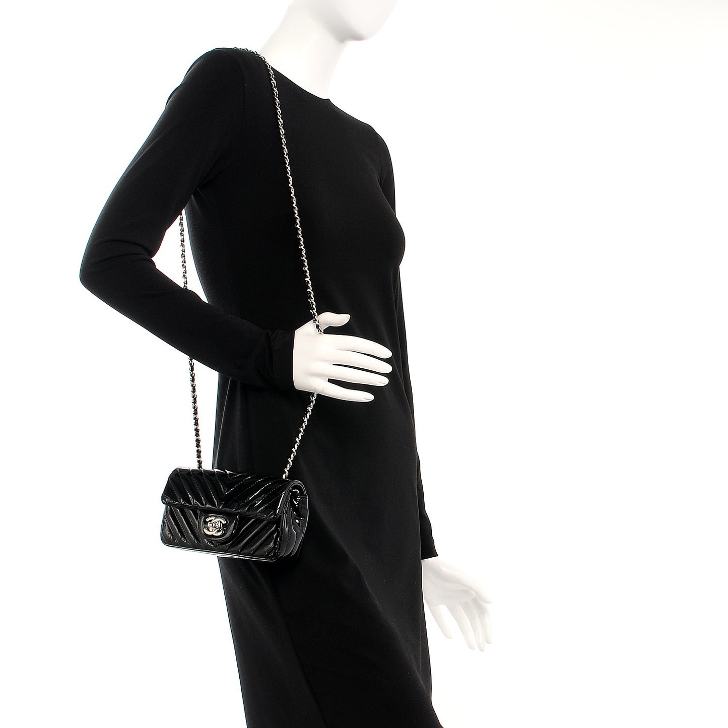 Patent Calfskin Chevron Quilted Extra Mini Flap Black