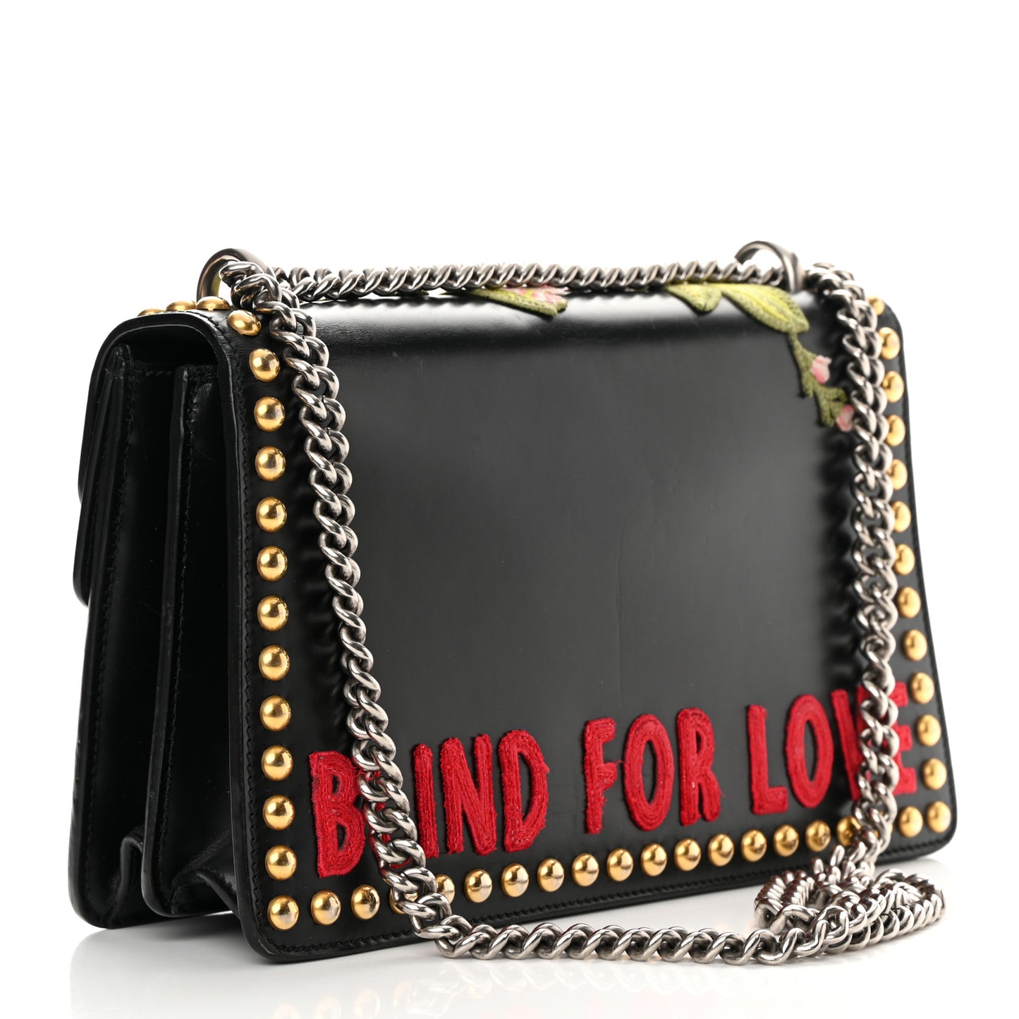 Calfskin Floral Embroidered Studded Small Dionysus Shoulder Bag Black