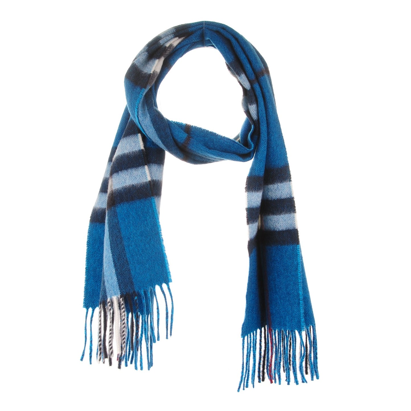 Cashmere Giant Check Fringe Scarf Blue