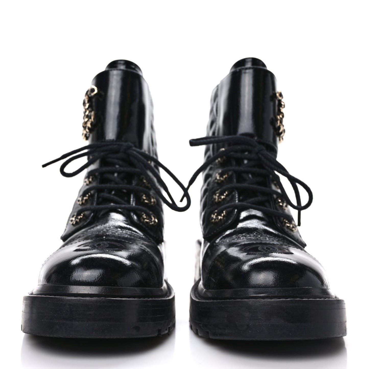 Shiny Calfskin Quilted Lace Up Combat Boots 38.5 Black