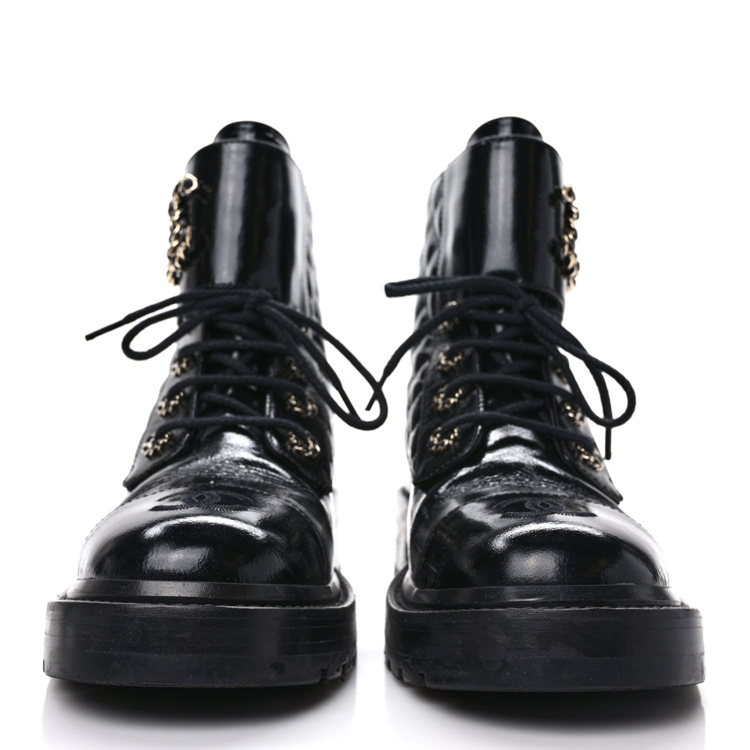 Chanel Shiny Calfskin Quilted Lace Up Combat Boots 38.5 Black 2 of 8
