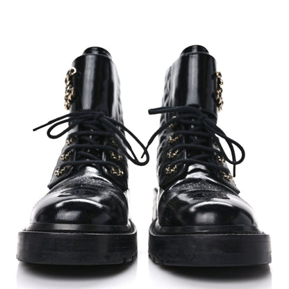 Chanel Shiny Calfskin Quilted Lace Up Combat Boots 38.5 Black 2 of 8