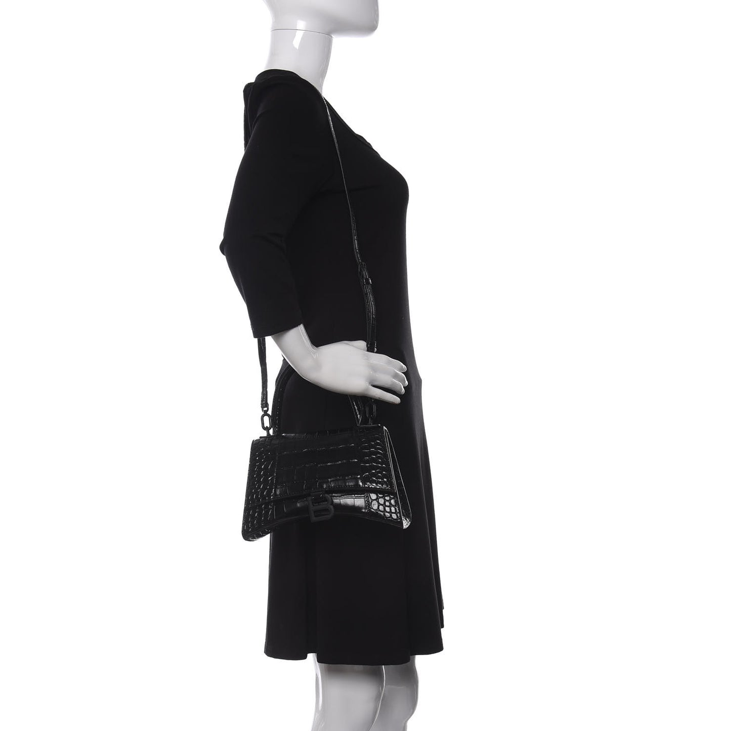 Shiny Calfskin Monochrome Crocodile Embossed Small Hourglass Top Handle Bag Black