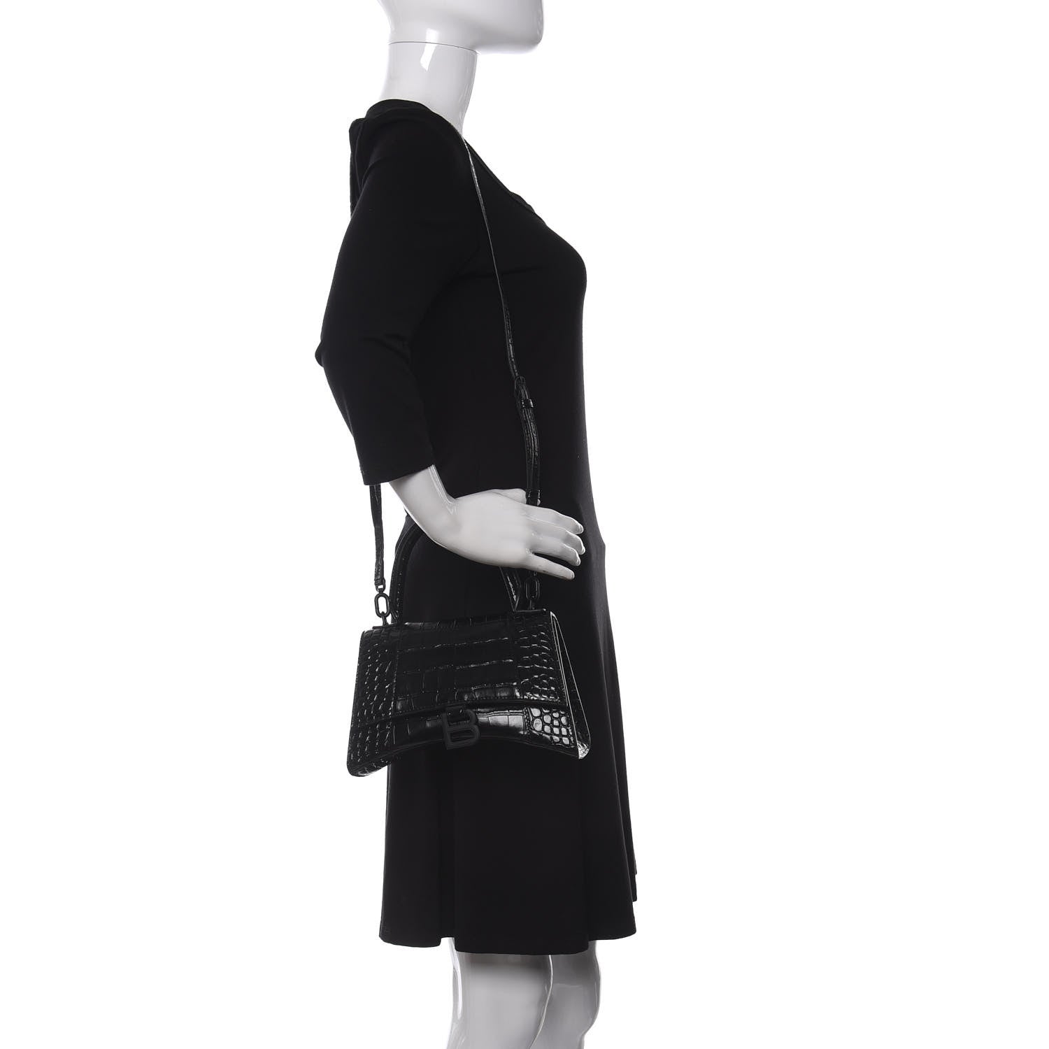 Balenciaga Shiny Calfskin Monochrome Crocodile Embossed Small Hourglass Top Handle Bag Black 2 of 8