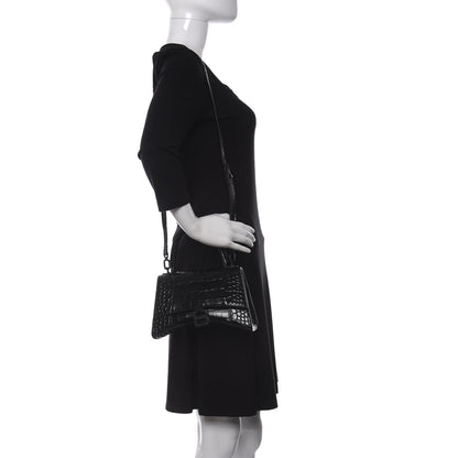 Balenciaga Shiny Calfskin Monochrome Crocodile Embossed Small Hourglass Top Handle Bag Black 2 of 8