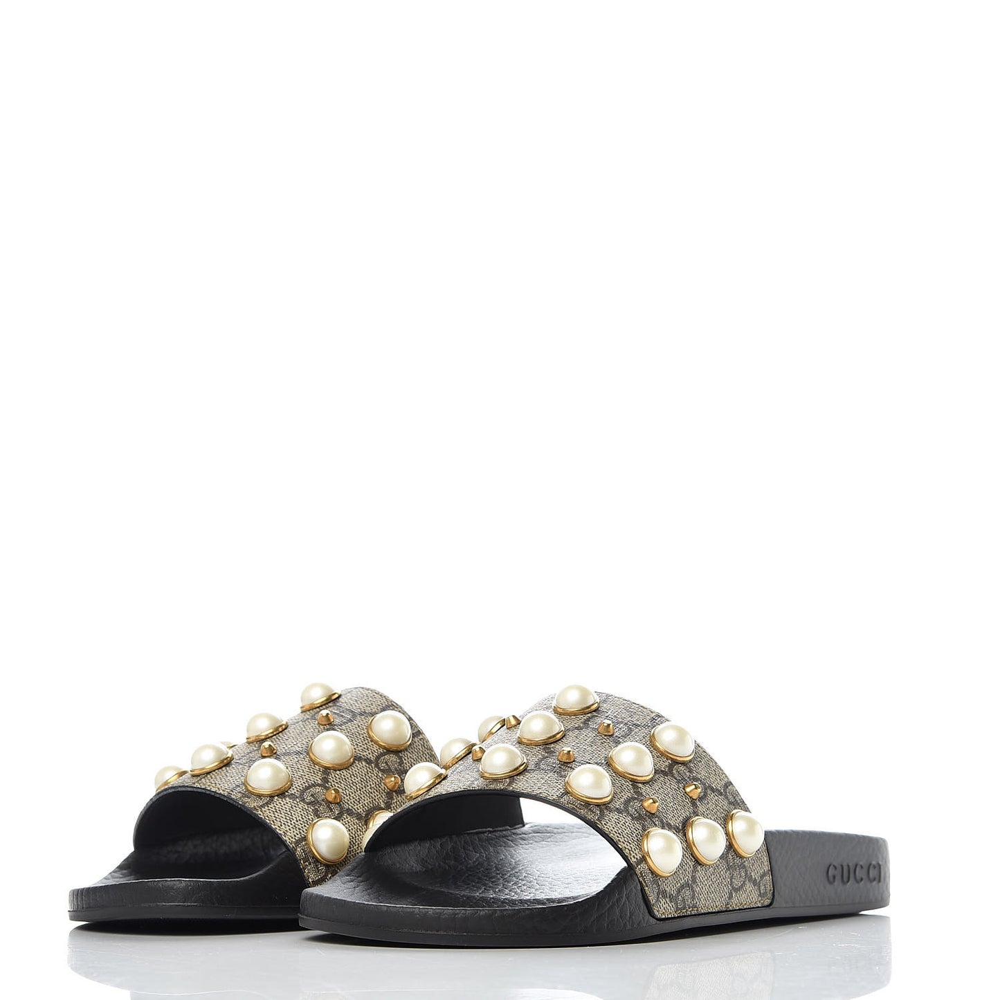 GG Supreme Monogram Pearls Slide Sandals 36 Beige