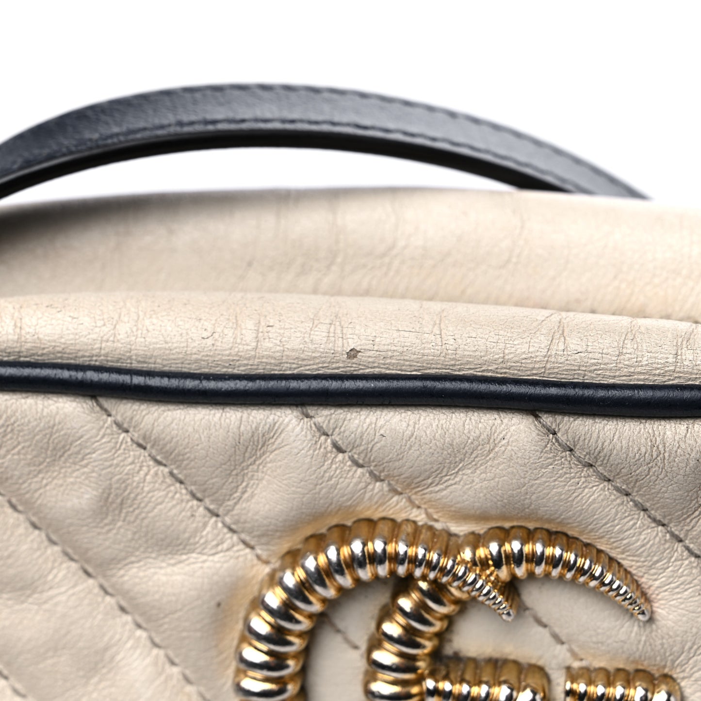 Vintage Effect Calfskin Matelasse Diagonal Small Torchon GG Marmont Chain Shoulder Bag Mystic White Blue Agata