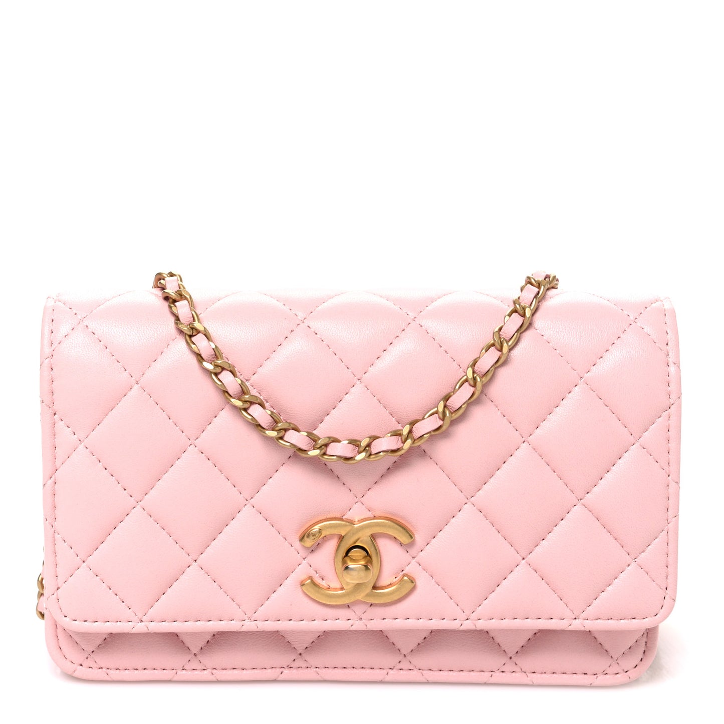 Shiny Lambskin Quilted CC Slide Wallet On Chain WOC  Light Pink