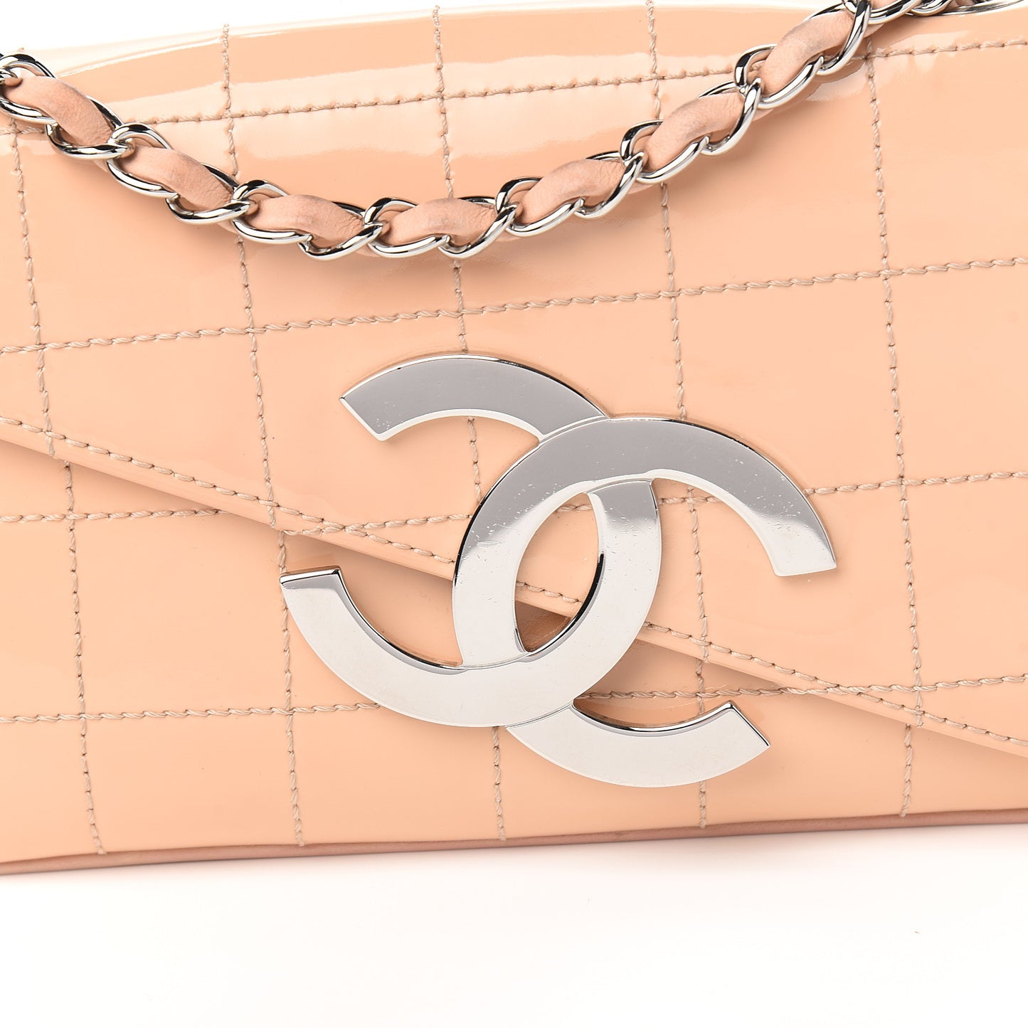 Patent Square Stitched CC Flap Clutch Beige