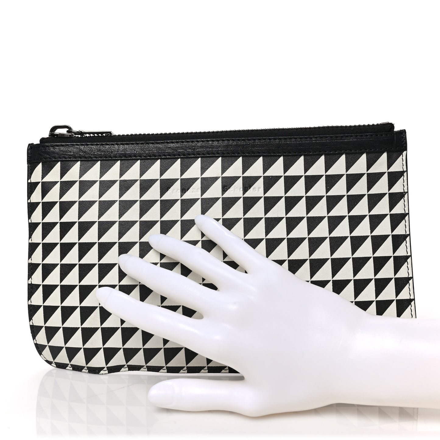 Calfskin Triangle Print Zip Pouch Black White