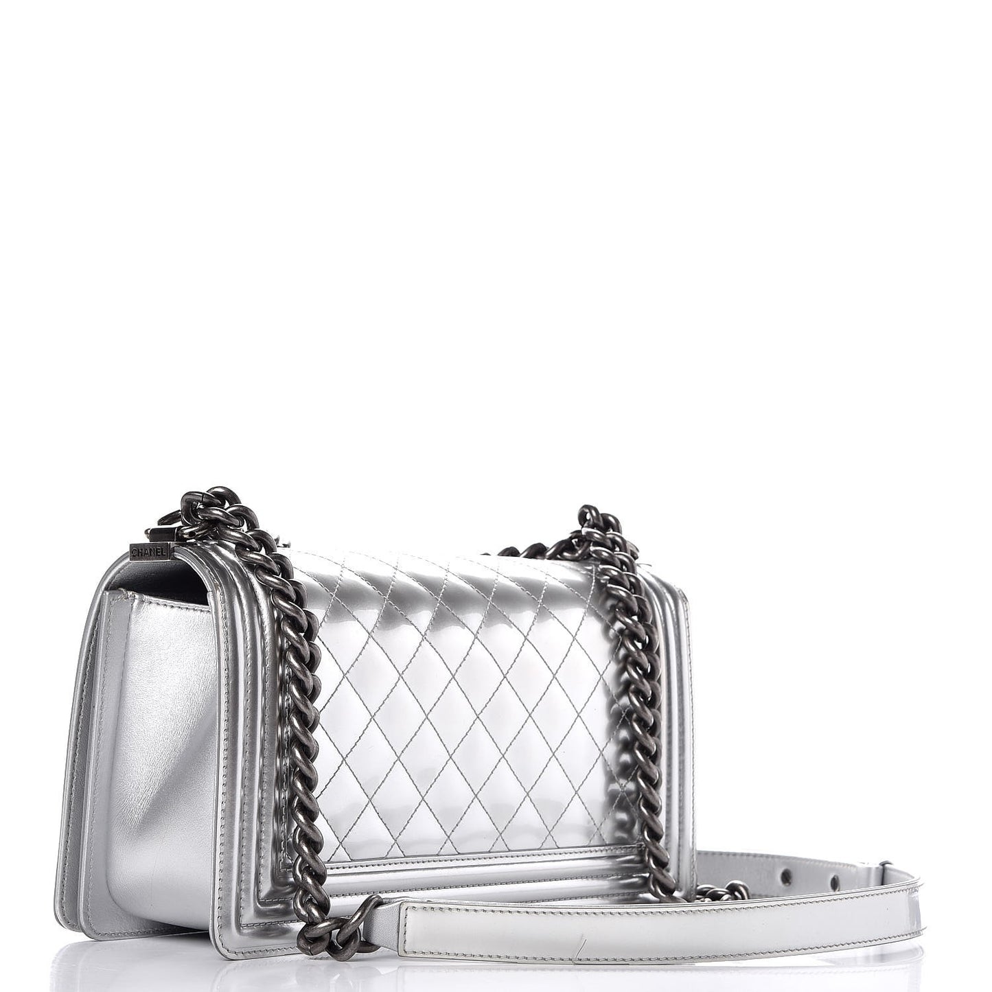 Metallic Patent Calfskin Quilted Medium Boy Flap Silver