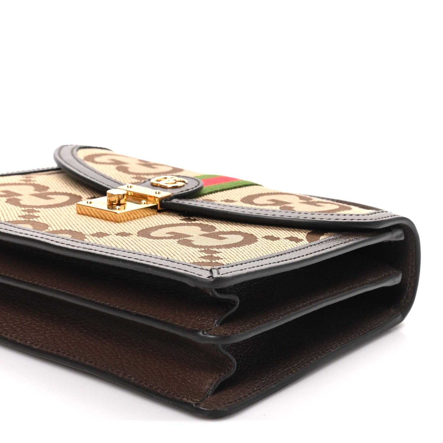 Gucci Monogram Jumbo GG Textured Dollar Calfskin Web Small Ophidia Padlock Top Handle Bag Camel Ebony New Acero 10 of 11