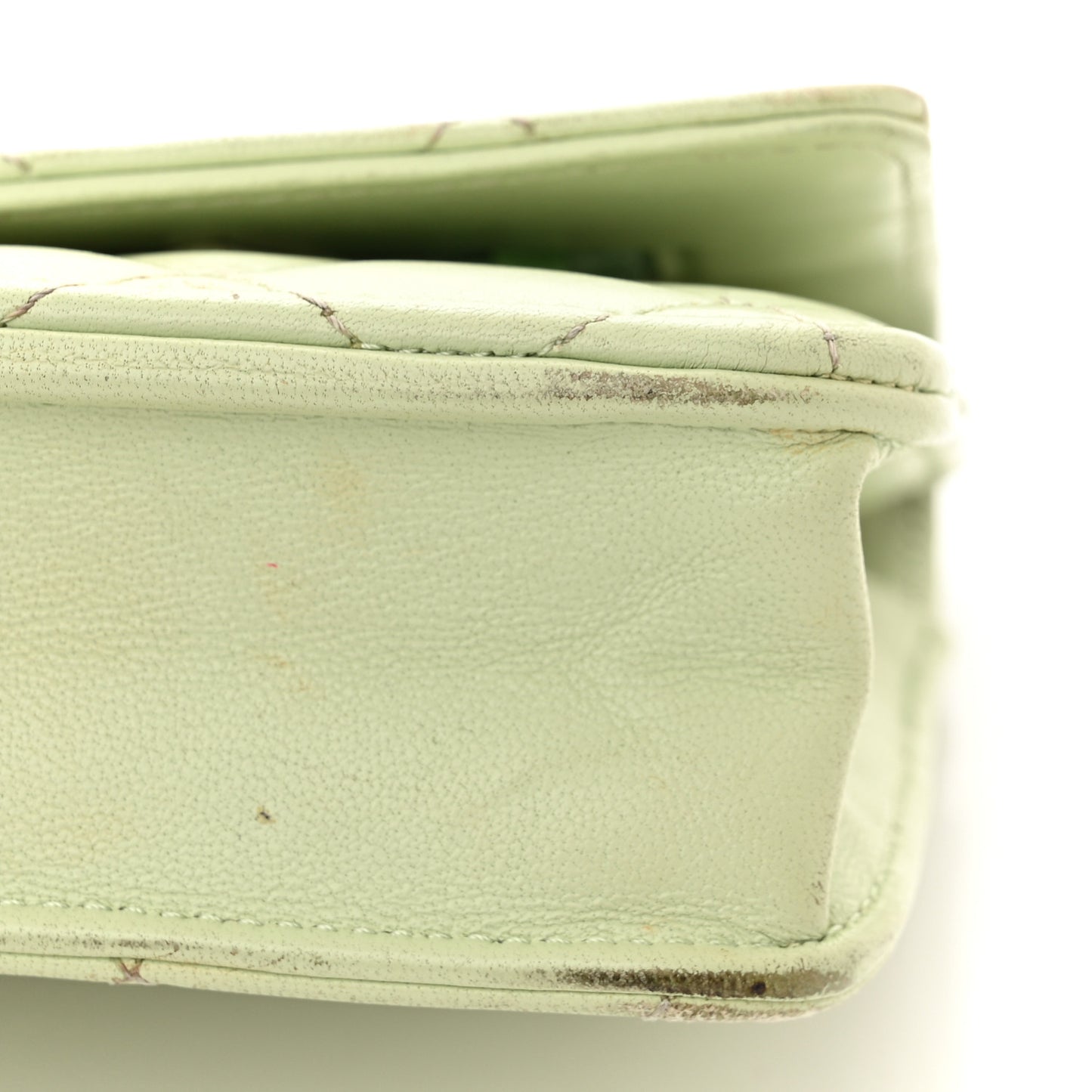 Lambskin Quilted CC Pearl Crush Wallet on Chain WOC Light Green