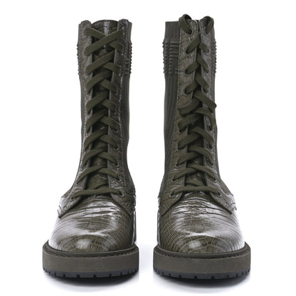 Fendi Vitello Stretch Fabric 3D FF Croc Embossed Womens Combat Boots 37.5 Illinois Oliva 2 of 8