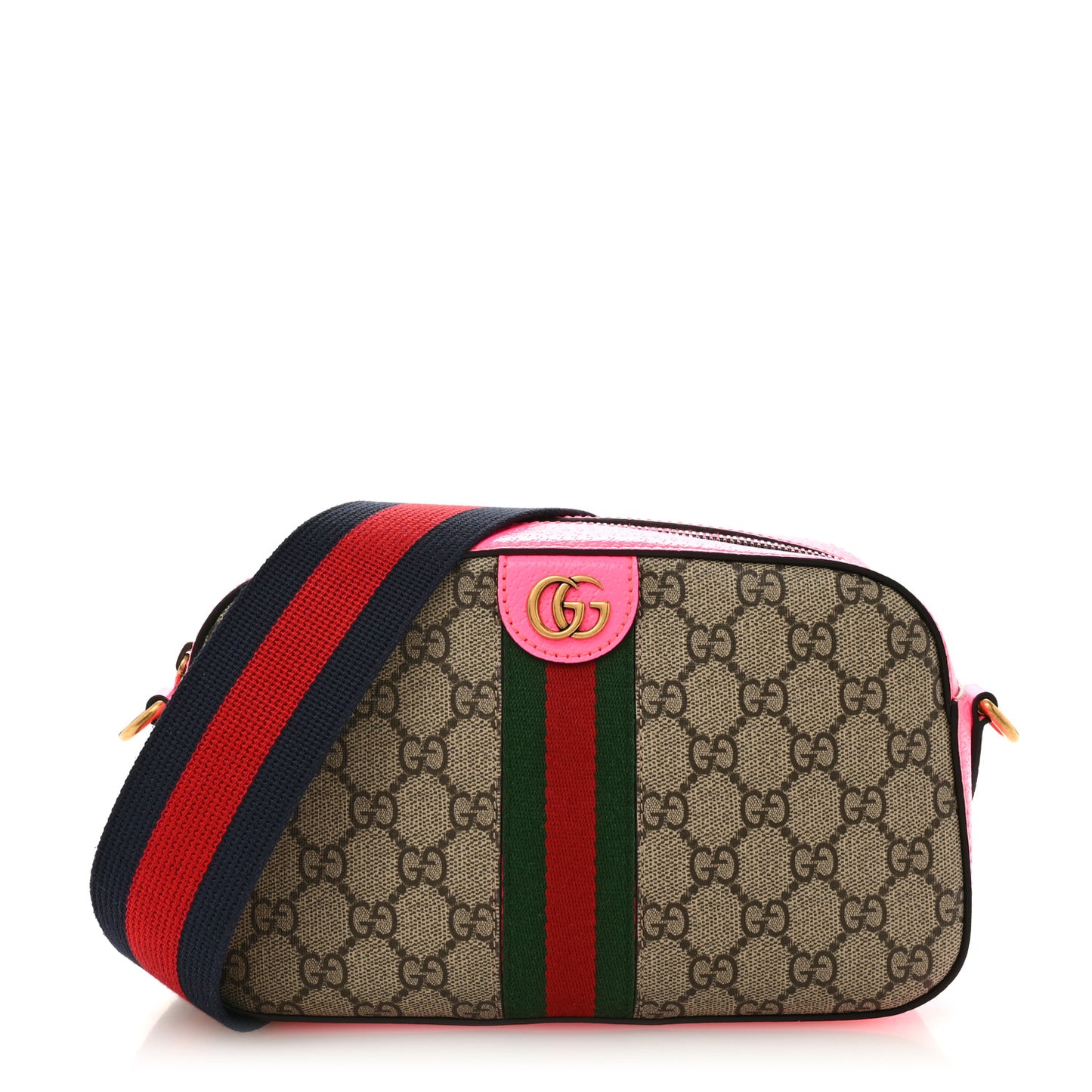 GG Supreme Monogram Textured Dollar Calfskin Web Ophidia Small Crossbody Bag Beige Ebony Fuchsia