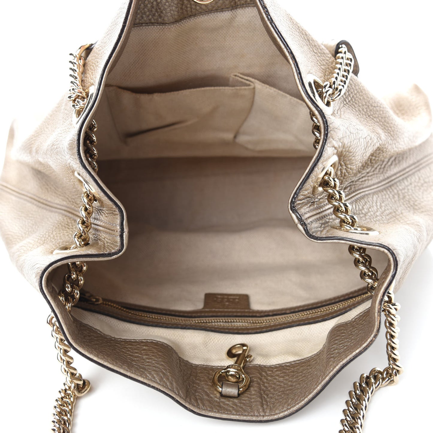 Metallic Pebbled Calfskin Medium Soho Chain Shoulder Bag Golden Beige