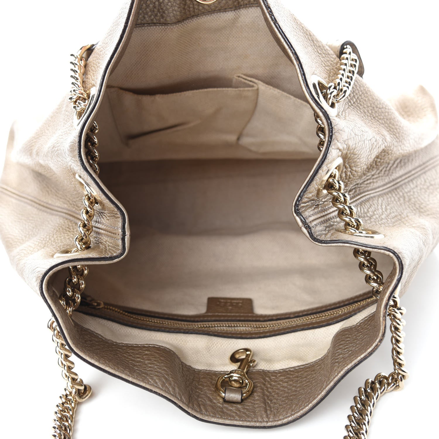 Gucci Metallic Pebbled Calfskin Medium Soho Chain Shoulder Bag Golden Beige 5 of 10