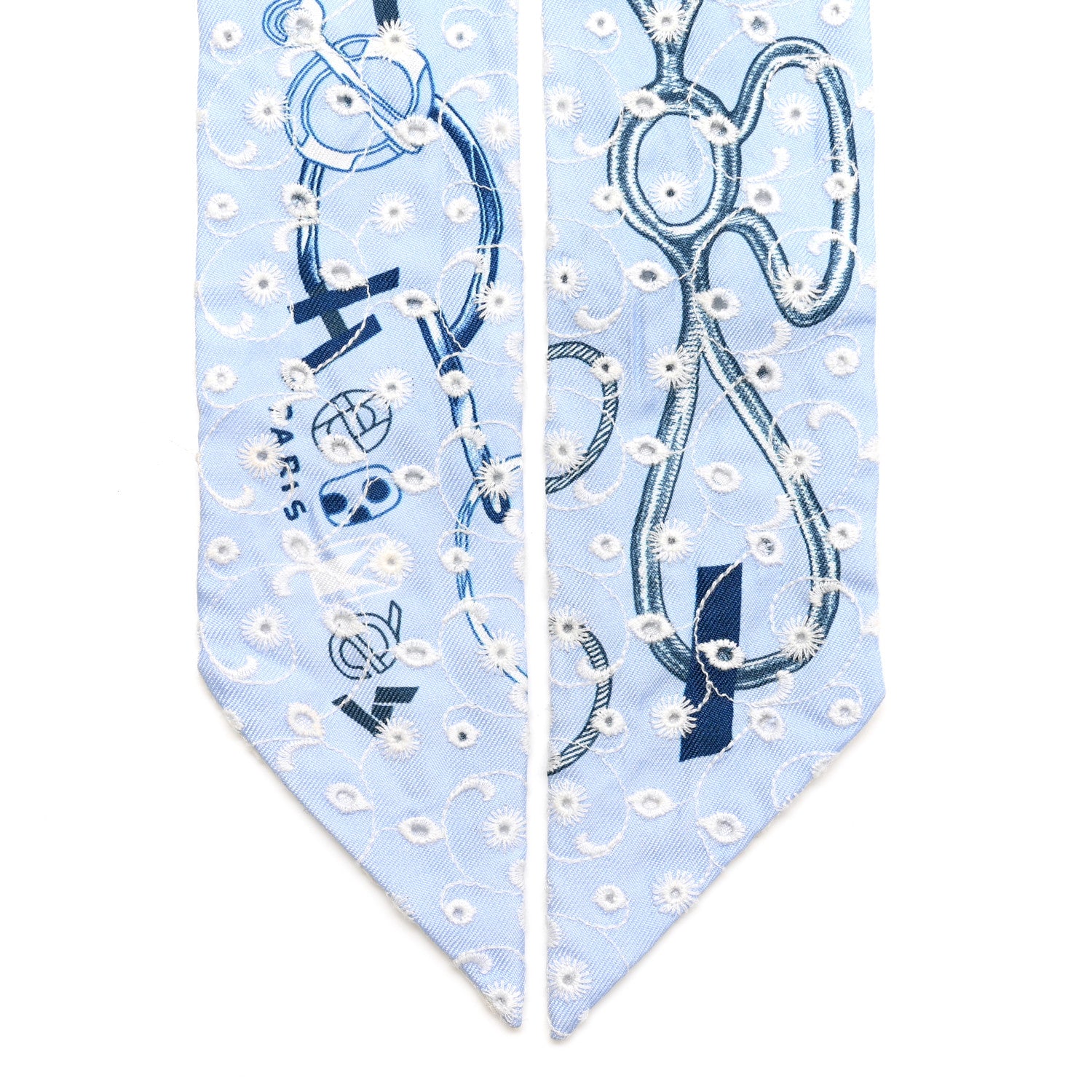 Hermes Silk Embroidered Do Re Boucles Broderie Anglaise Twilly Bleu White Marine 2 of 5