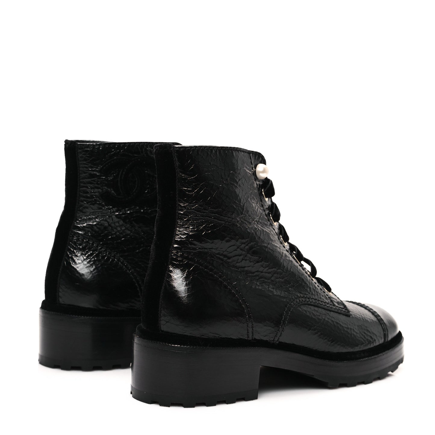 Shiny Calfskin Velvet Pearl Combat Short Boots 39.5 Black