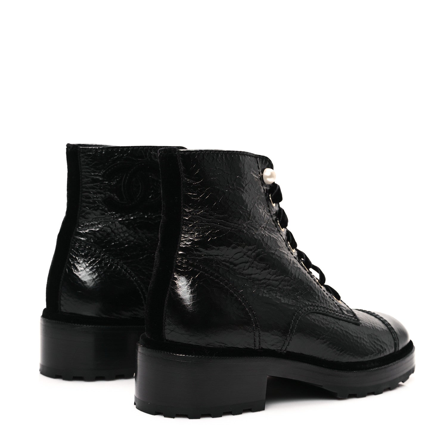 Chanel Shiny Calfskin Velvet Pearl Combat Short Boots 39.5 Black 5 of 10
