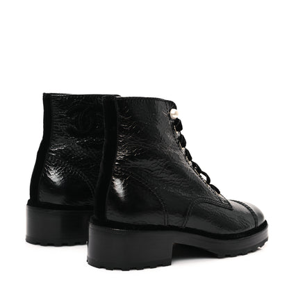 Chanel Shiny Calfskin Velvet Pearl Combat Short Boots 39.5 Black 5 of 10