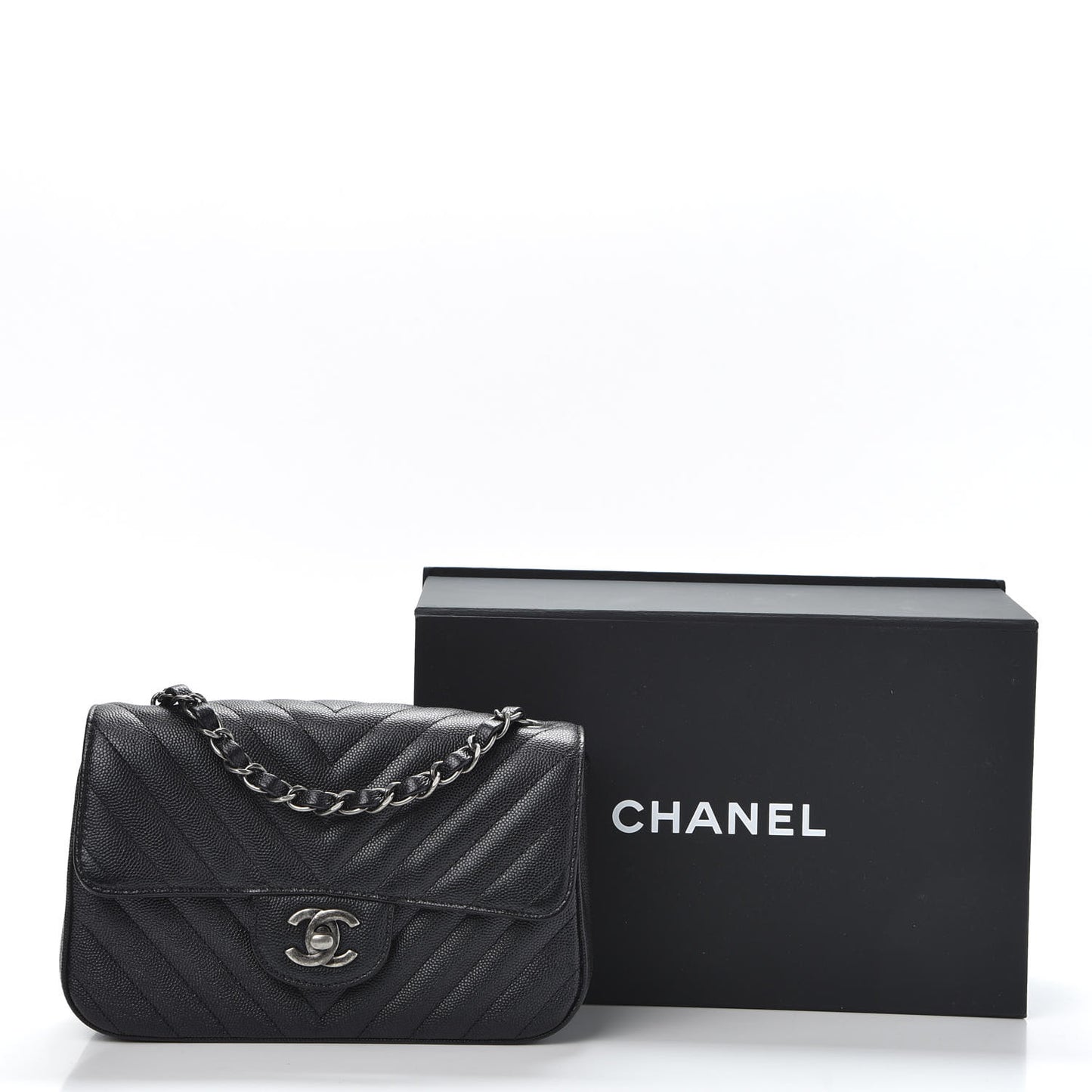 Iridescent Caviar Chevron Quilted Mini Rectangular Flap Black