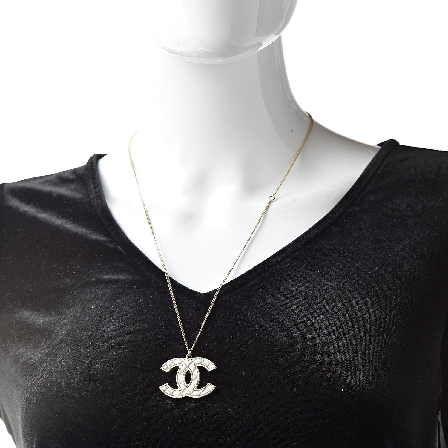 Chanel Metal Quilted CC Pendant Necklace Gold White 2 of 6