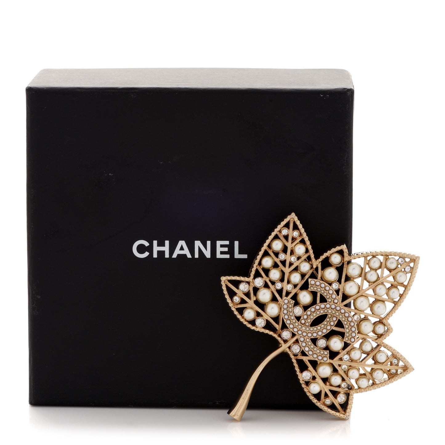 Pearl Crystal CC Leaf Brooch Gold
