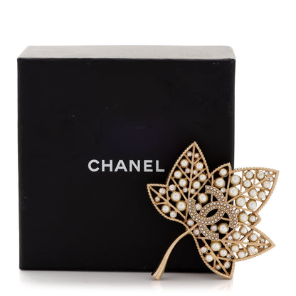Chanel Pearl Crystal CC Leaf Brooch Gold 5 of 5
