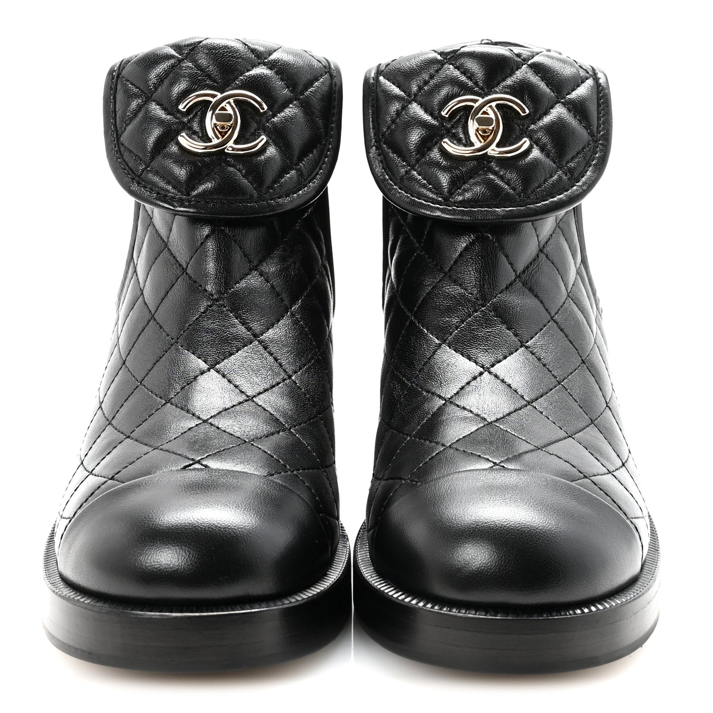 Lambskin Quilted Cap Toe CC Turnlock Booties 38.5 Black