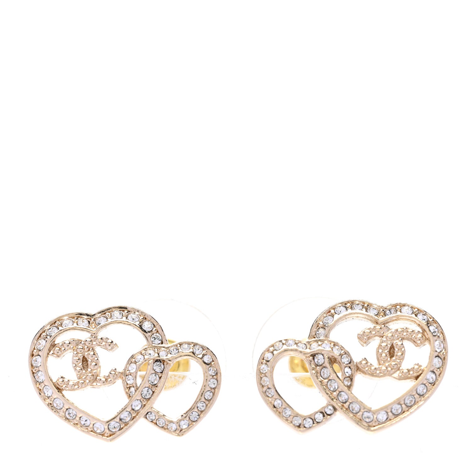 Chanel Crystal Metal CC Double Heart Earrings Gold 1 of 4