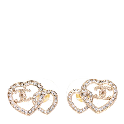Chanel Crystal Metal CC Double Heart Earrings Gold 1 of 4