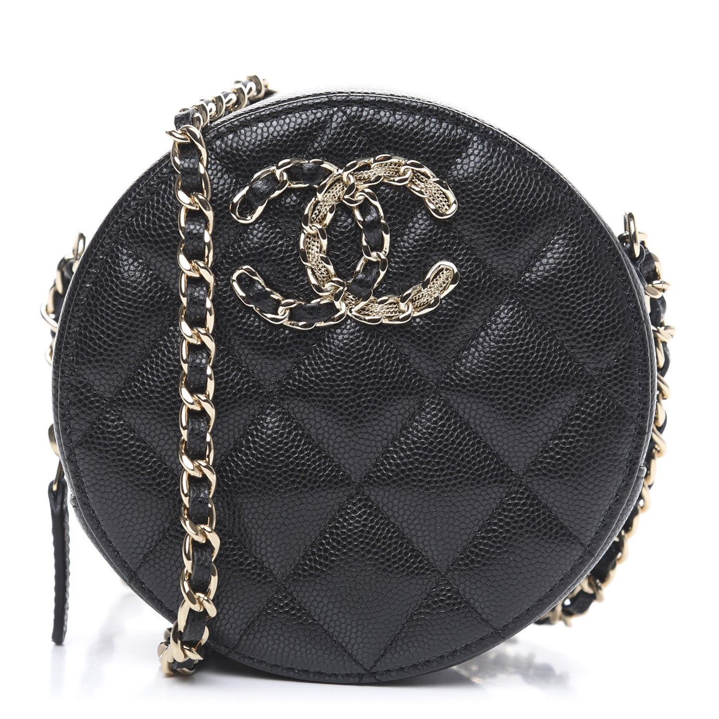 Caviar Quilted French New Wave Round Clutch With Chain Black
