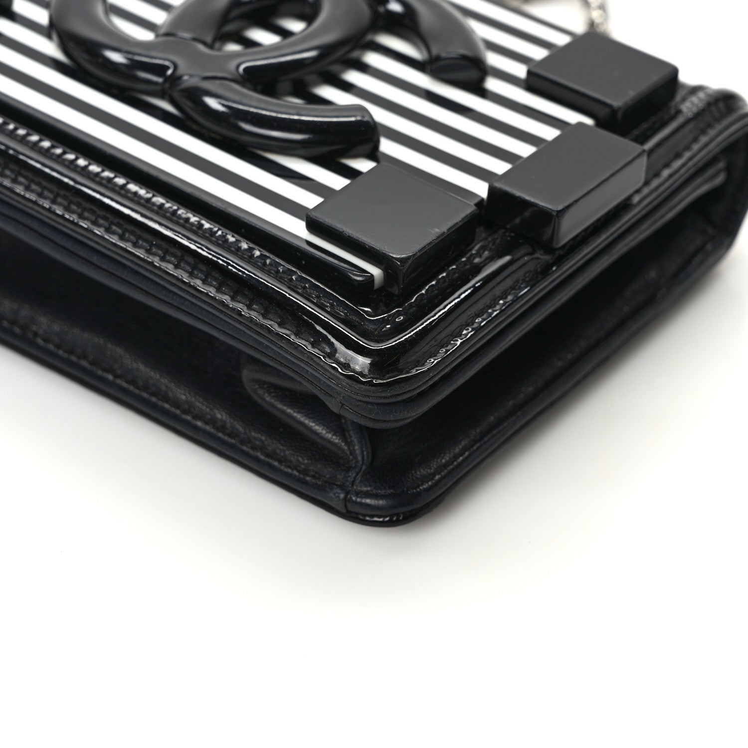 Chanel Plexiglass Patent Mini Striped Boy Brick Flap Black White 11 of 12