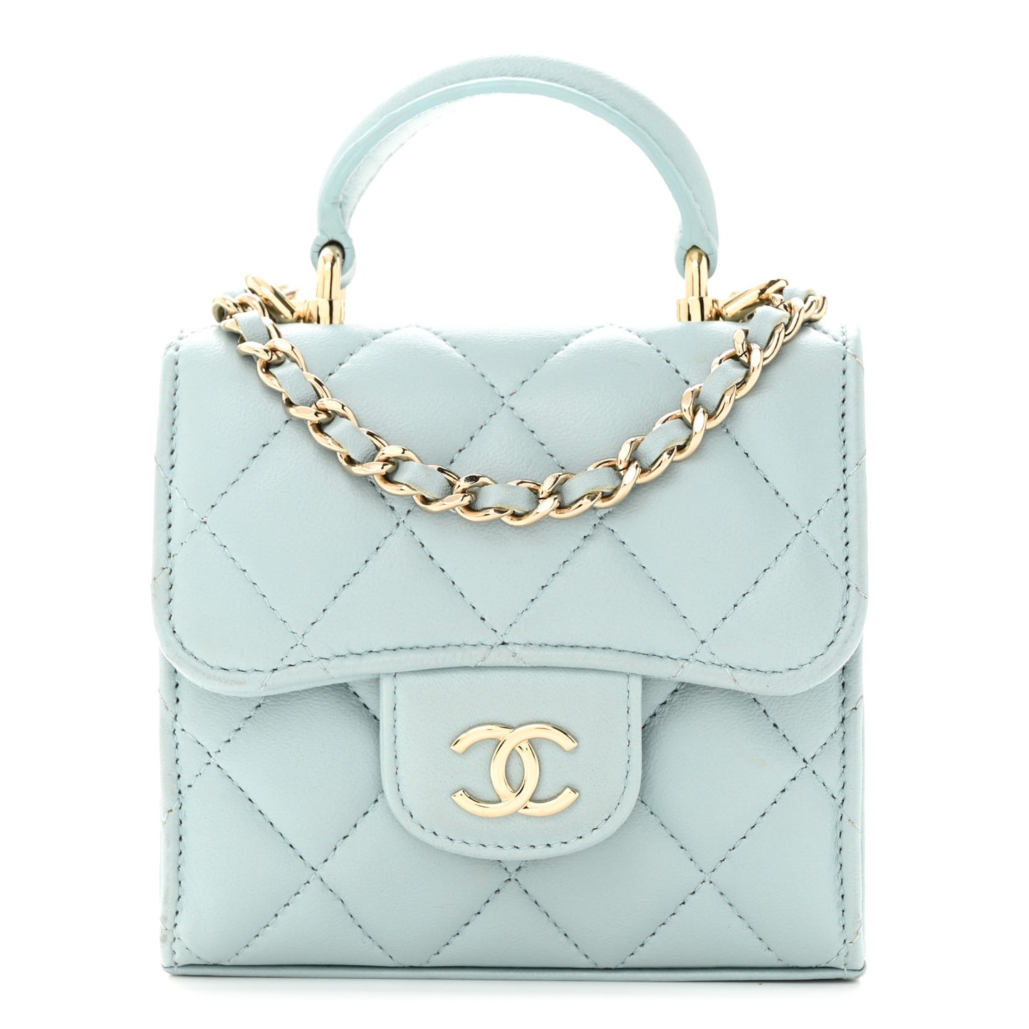 Lambskin Quilted Top Handle Flap Clutch With Chain Light Blue