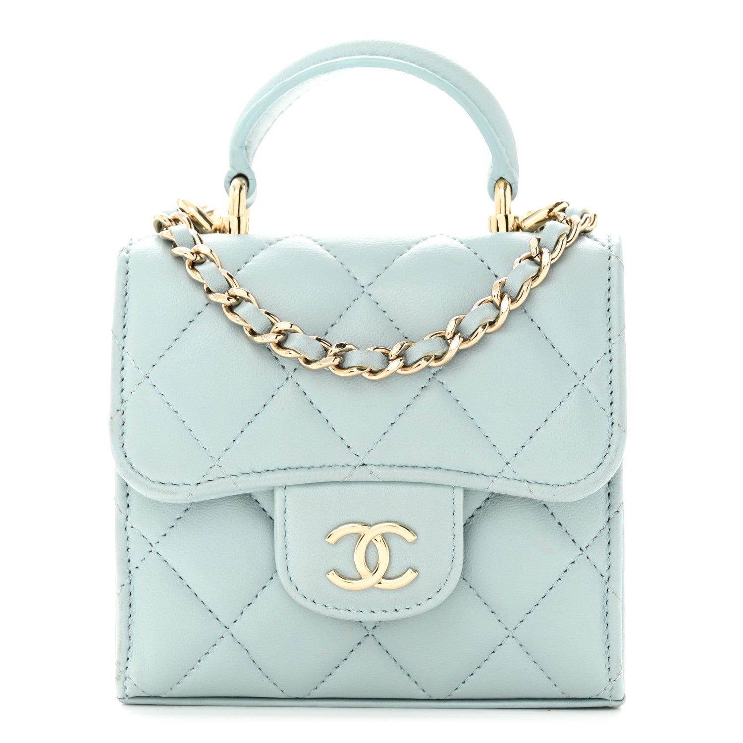 Chanel Lambskin Quilted Top Handle Flap Clutch With Chain Light Blue 1 of 13
