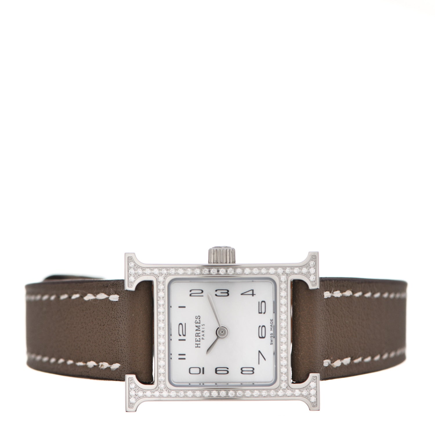 Hermes Stainless Steel Swift Diamond Bezel Mother of Pearl 17.2mm Heure H Hour Quartz Watch Etoupe 2 of 5
