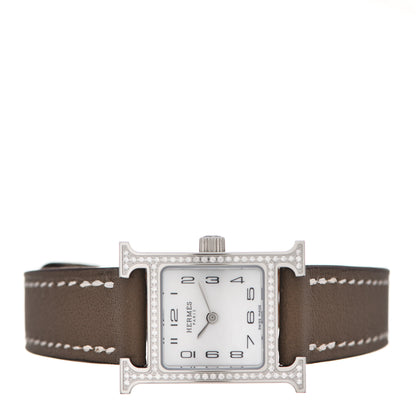 Hermes Stainless Steel Swift Diamond Bezel Mother of Pearl 17.2mm Heure H Hour Quartz Watch Etoupe 2 of 5