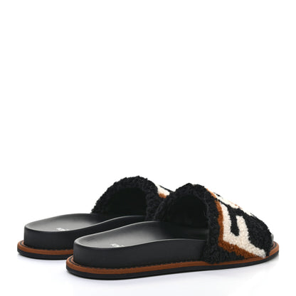 Fendi Shearling Logo Slide Sandals 37 Black Latte Brownie 4 of 8