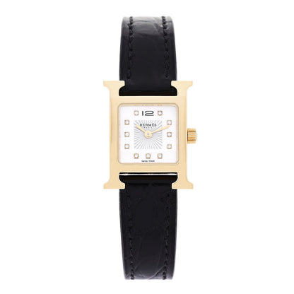 Hermes Stainless Steel Alligator Diamond Mother of Pearl 17.2mm Heure H Hour Quartz Watch Noir 1 of 5
