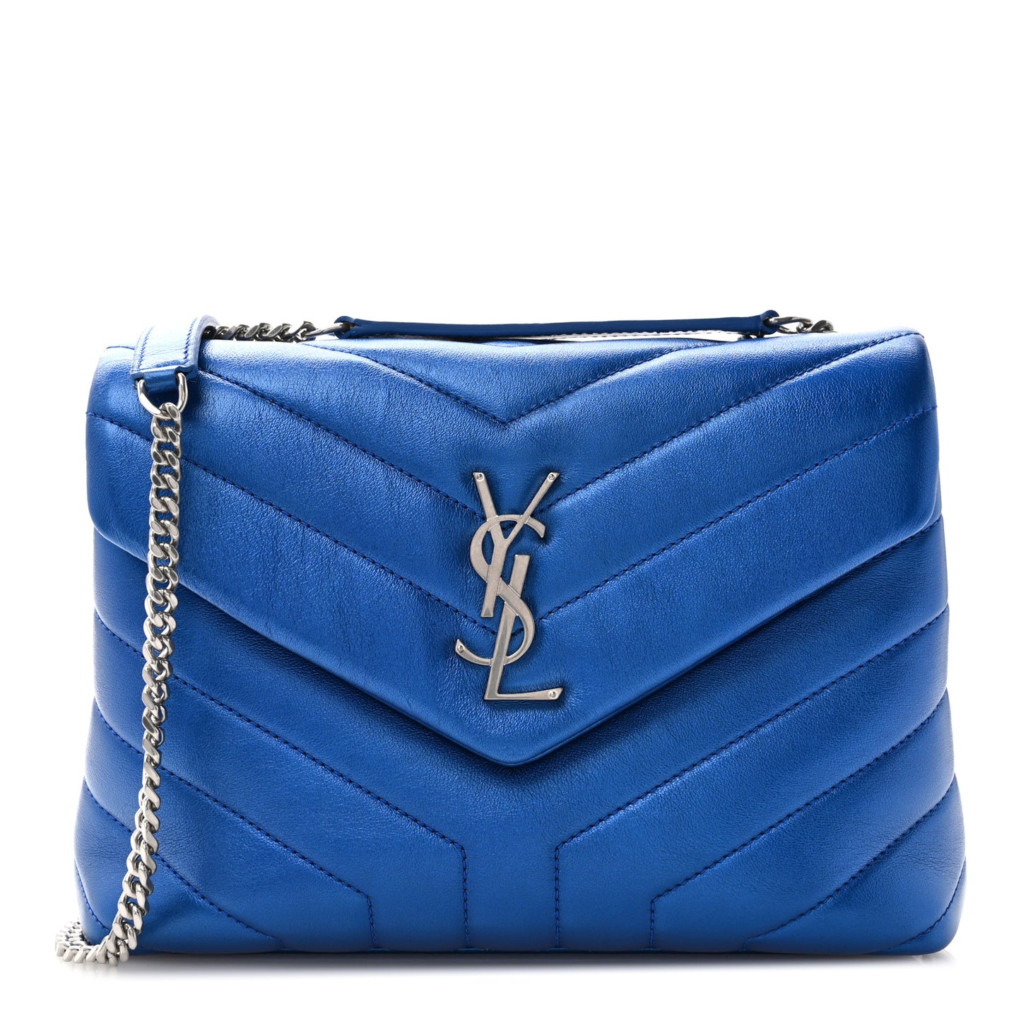 Metallic Calfskin Y Quilted Monogram Small Loulou Chain Satchel Blue Royal